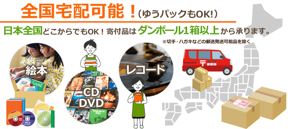 全国宅配可能（ゆうパックもOK!）日本全国どこからでもOK!寄付品はダンボール1箱以上から承ります。（切手・ハガキなどの郵送発送可能品を除く）絵本、CD・DVD、レコード。